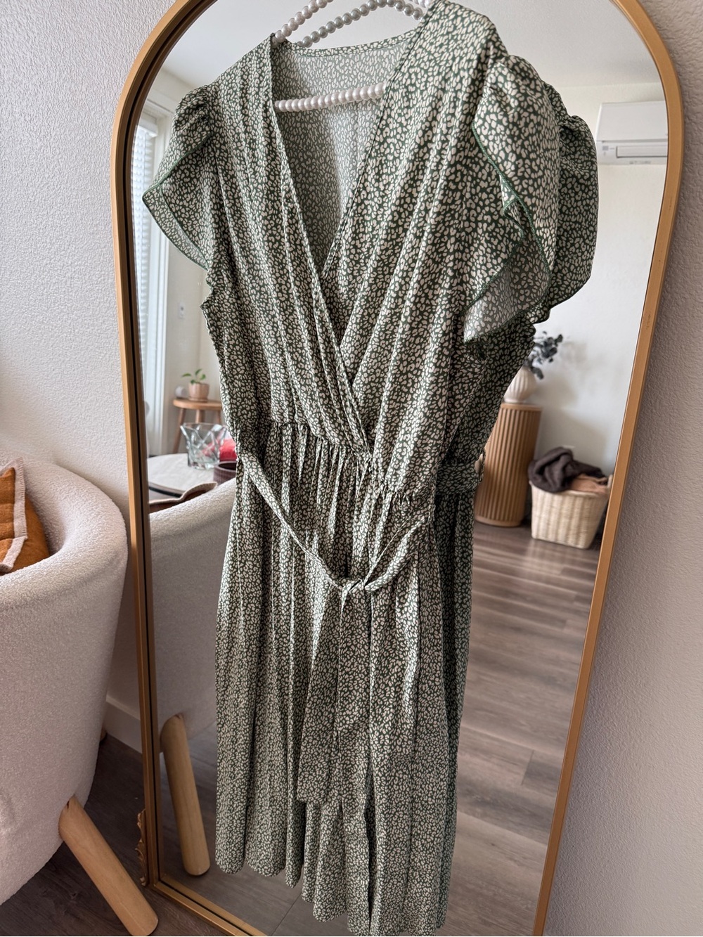 SHEIN Olive Green Floral Wrap Midi Dress with Tie Waist